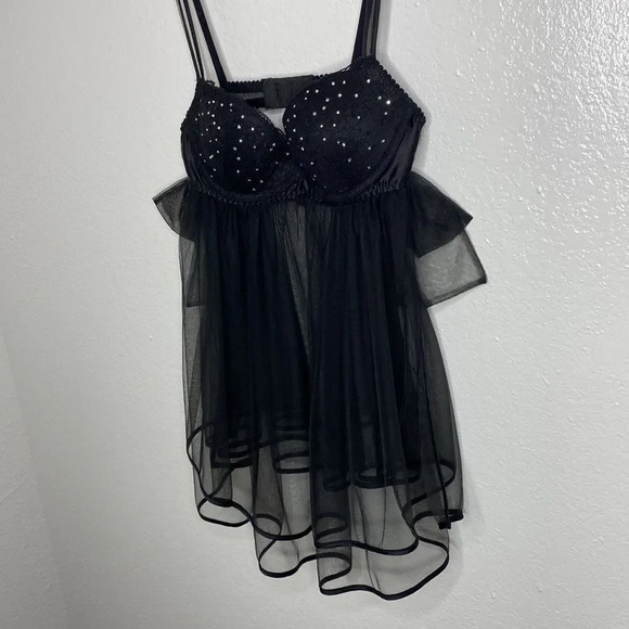 Victoria’s Secret Black Chiffon Babydoll Slip W/ Rhinestone Embellished … - Picture 3 of 11